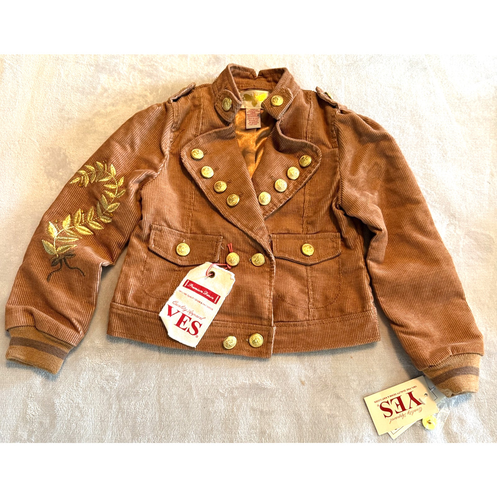 New YES Girls‎ Gold Button Brown Corduroy Jacket Military Embroidered Size S 4/5